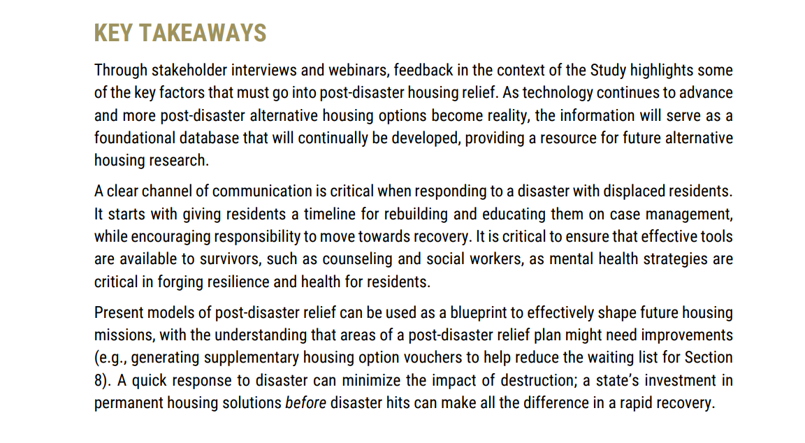 Report (Texas): Key Takeaways from “Disaster Recovery Alternative Housing Study” for implementation of innovative alternative housing solutions Ddd Housing Innovation Collaborative